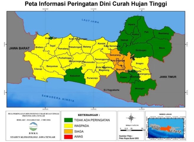 BMKG Minta Warga Waspada Hujan Lebat di Jateng Selatan Hingga Akhir Mei 2026